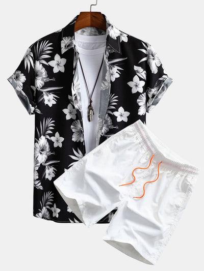 Tropische bloemenprint knoopshirt en zwemshorts