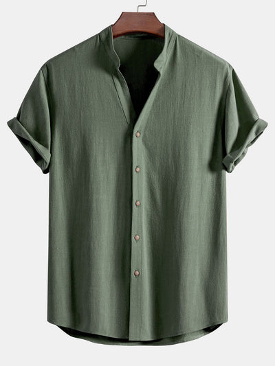 Linnen en rayon shirt met V-hals en korte mouwen