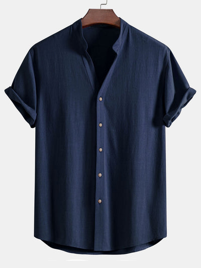 Linnen en rayon shirt met V-hals en korte mouwen