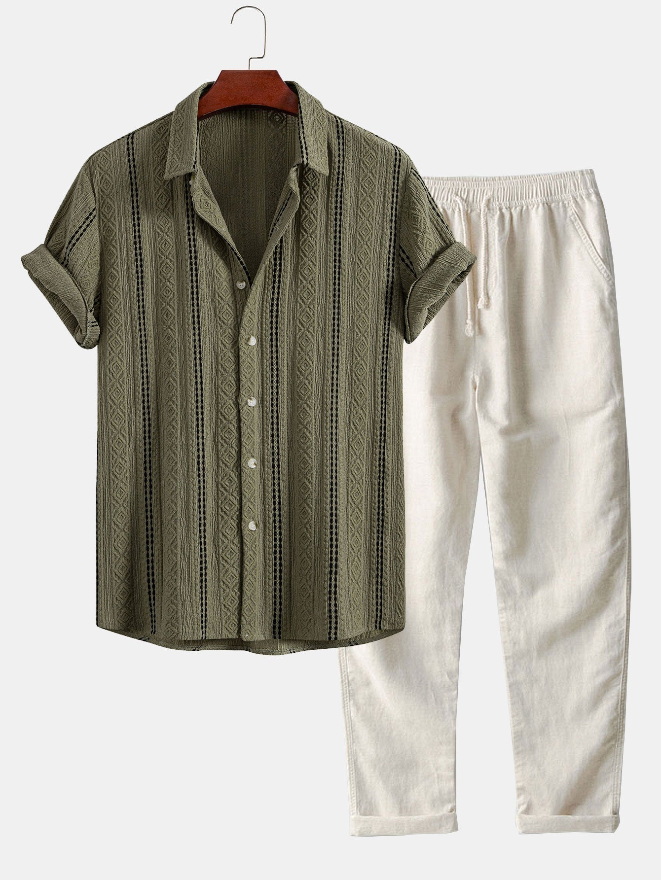 Geometrisch gestreepte jacquardknopshirt & linnen broek met rechte pijpen