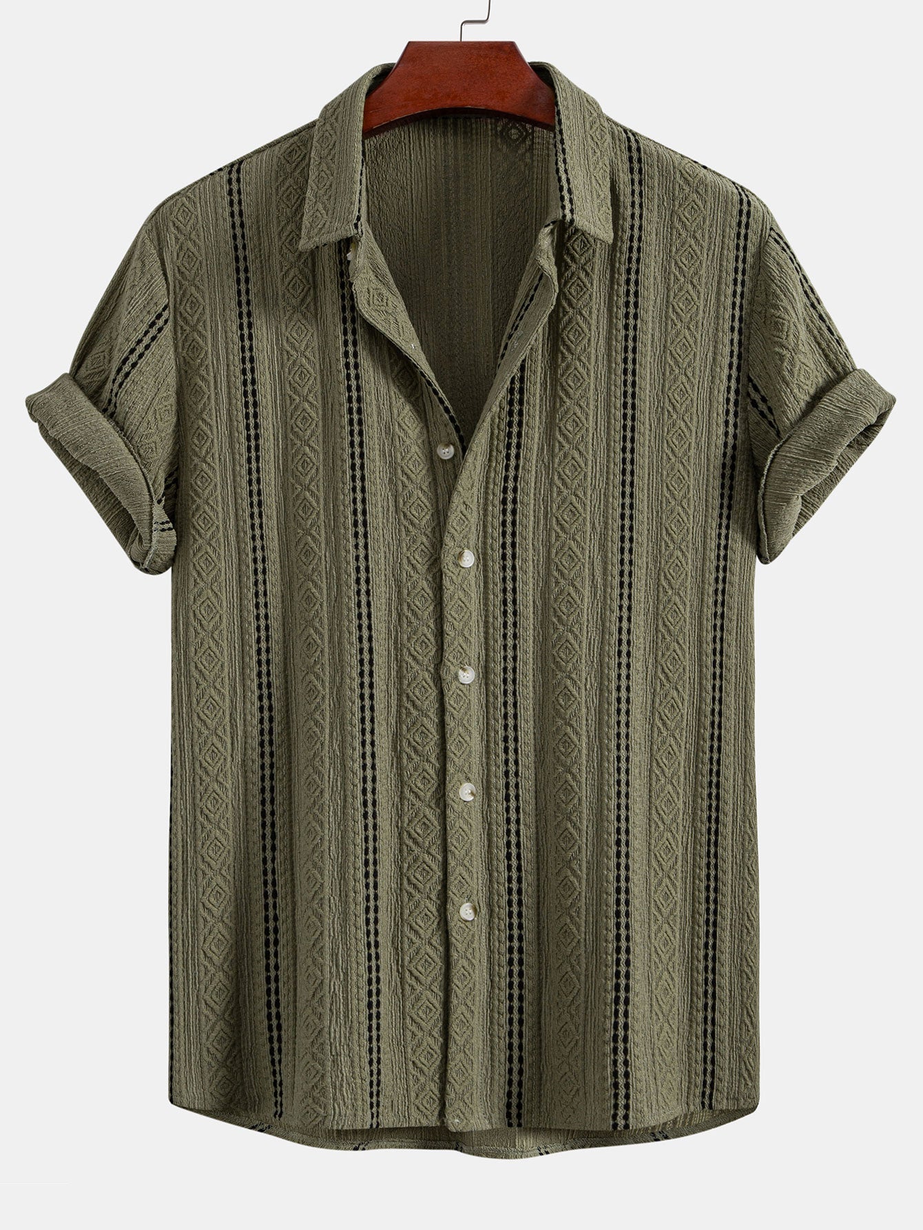 Geometrisch gestreepte jacquardknopshirt & linnen broek met rechte pijpen