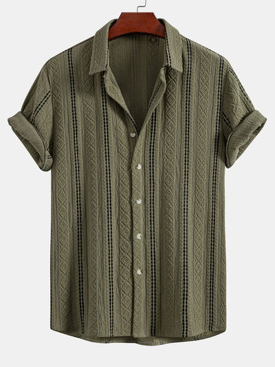 Geometrisch gestreepte jacquardknopshirt & linnen broek met rechte pijpen