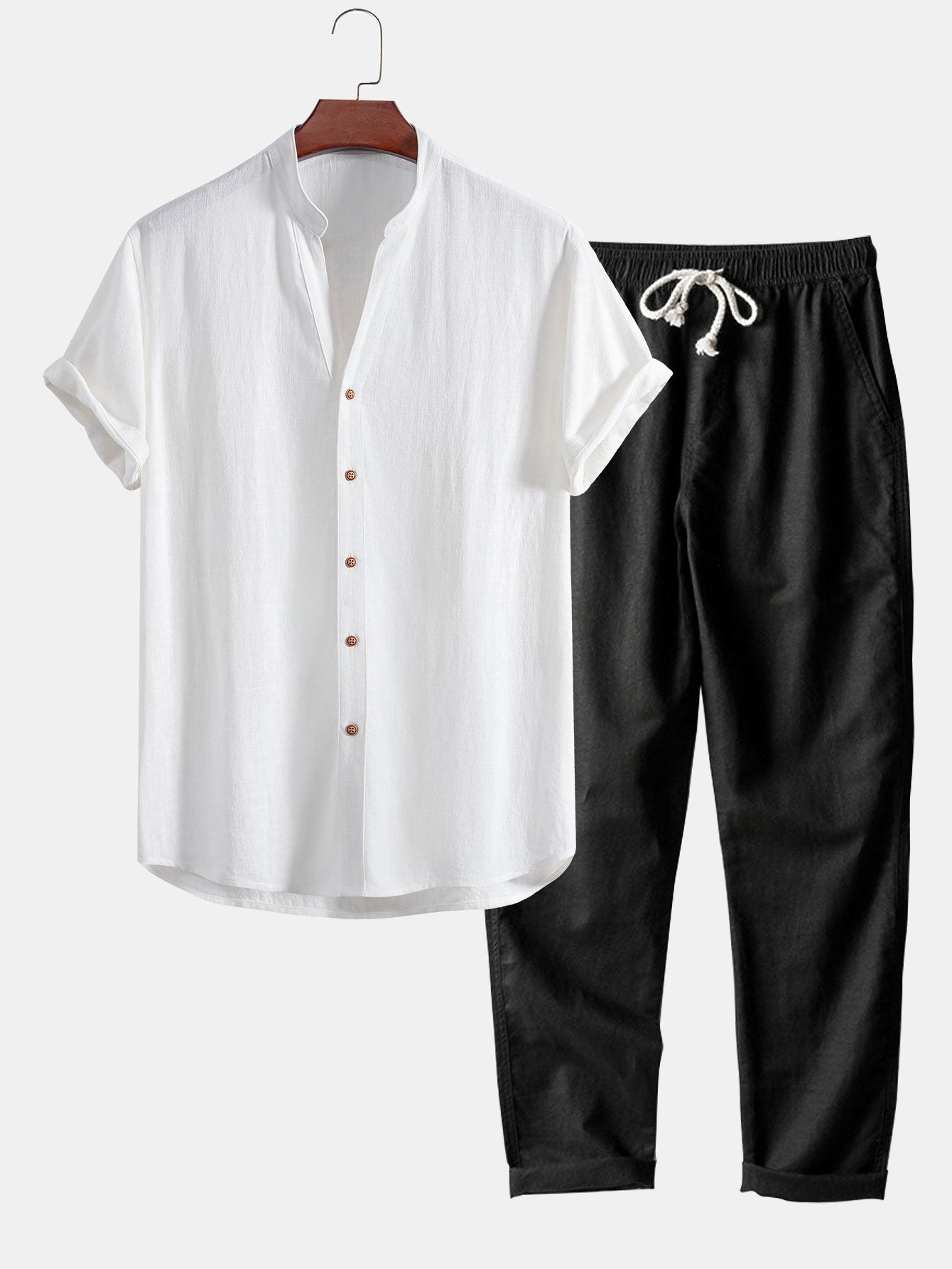 Linnen en viscose blouse met V-hals & Linnen broek met rechte pijpen