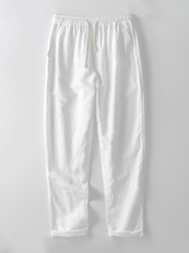 Geometrisch gestreepte jacquardknopshirt & linnen broek met rechte pijpen