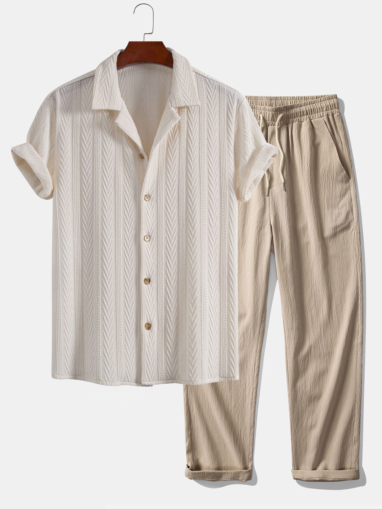 Cubaans Shirt in Textured Jacquard & Rechte Textured Anti-Kreukelpantalon