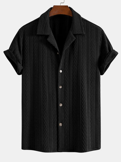Cubaans Shirt in Textured Jacquard & Rechte Textured Anti-Kreukelpantalon