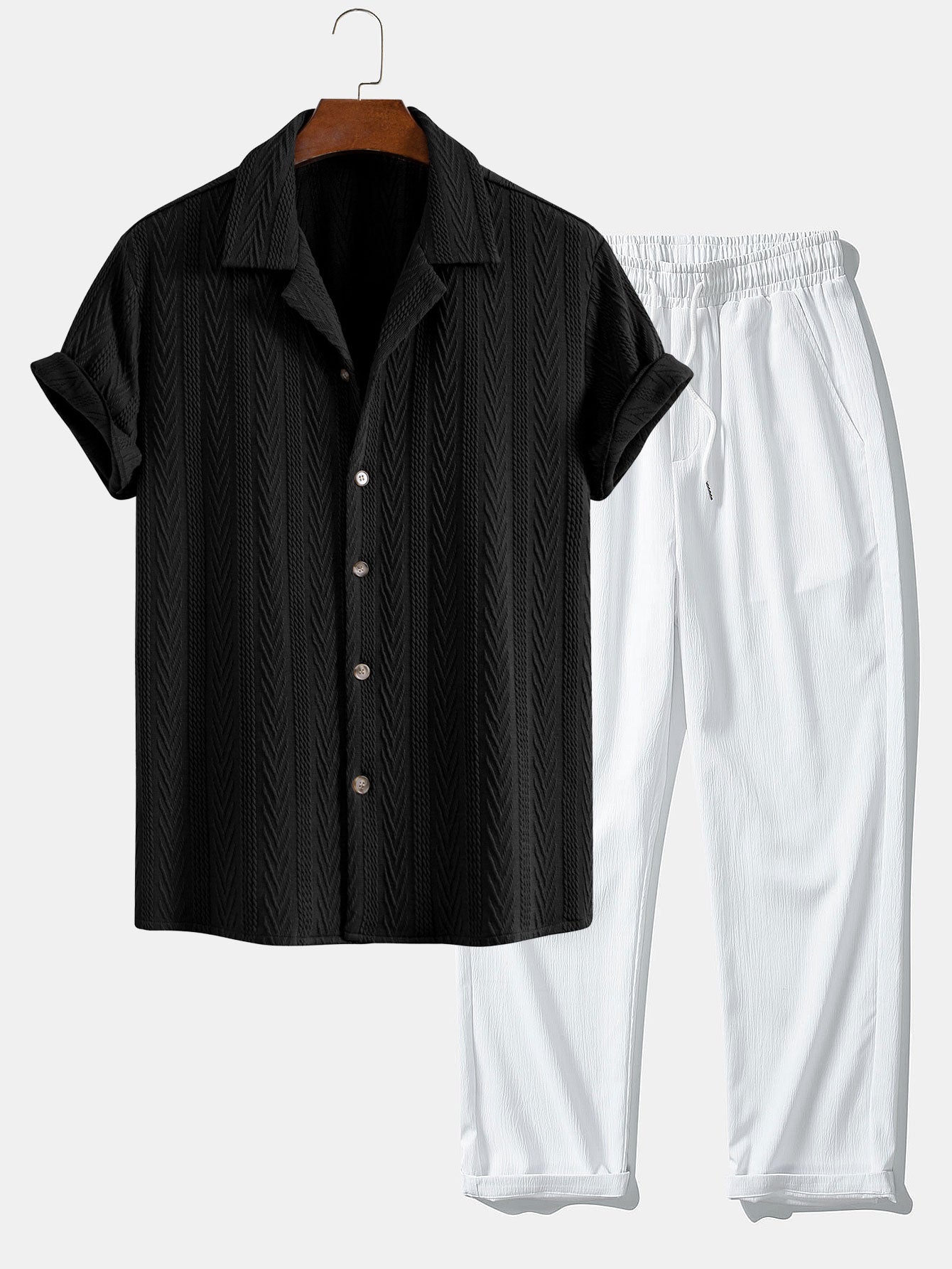 Cubaans Shirt in Textured Jacquard & Rechte Textured Anti-Kreukelpantalon
