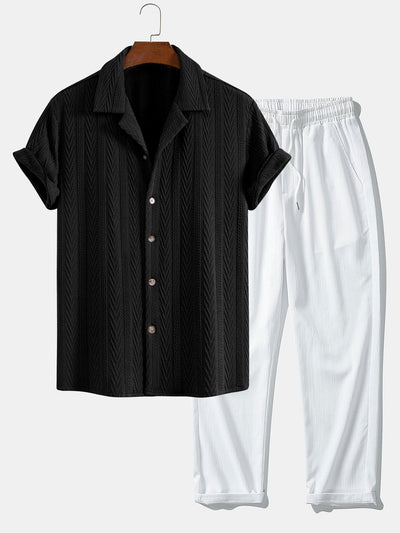Cubaans Shirt in Textured Jacquard & Rechte Textured Anti-Kreukelpantalon