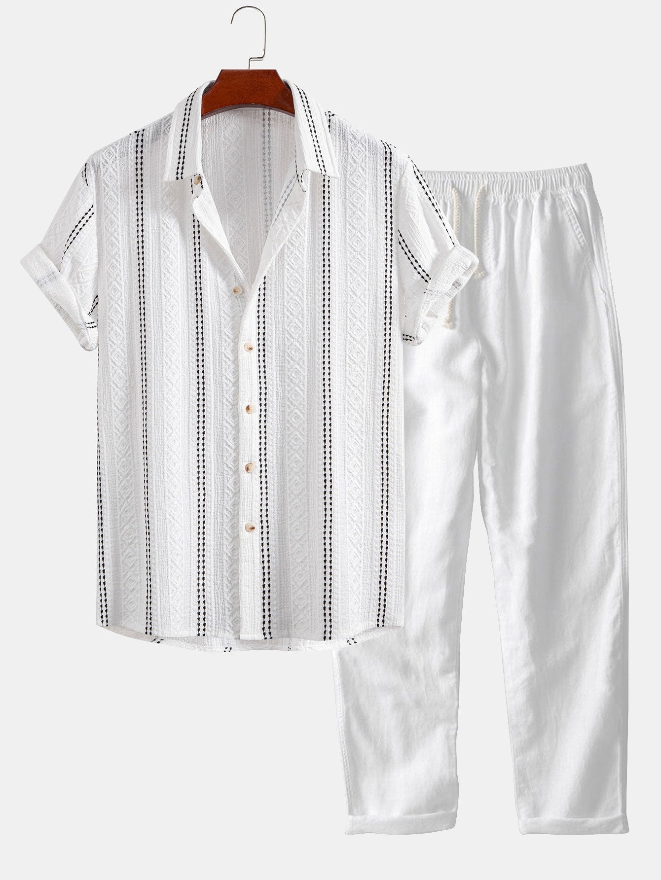 Geometrisch gestreepte jacquardknopshirt & linnen broek met rechte pijpen