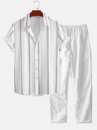 Geometrisch gestreepte jacquardknopshirt & linnen broek met rechte pijpen