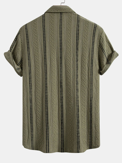 Geometrisch gestreepte jacquardknopshirt & linnen broek met rechte pijpen