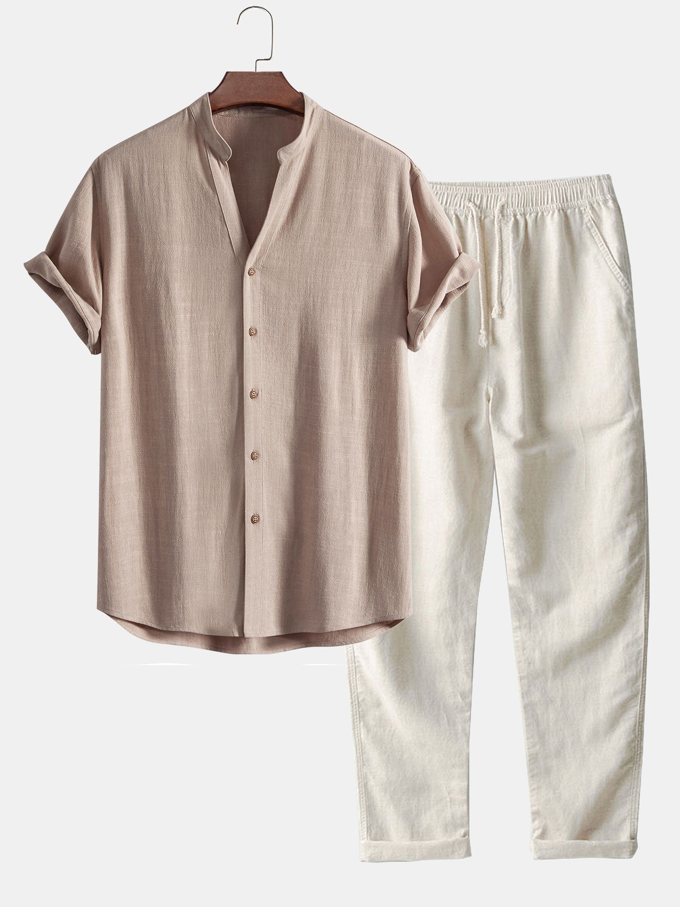 Linnen en viscose blouse met V-hals & Linnen broek met rechte pijpen