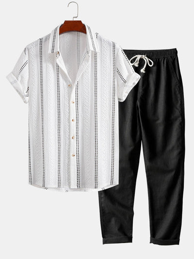 Geometrisch gestreepte jacquardknopshirt & linnen broek met rechte pijpen