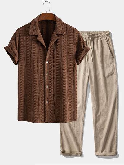 Cubaans Shirt in Textured Jacquard & Rechte Textured Anti-Kreukelpantalon