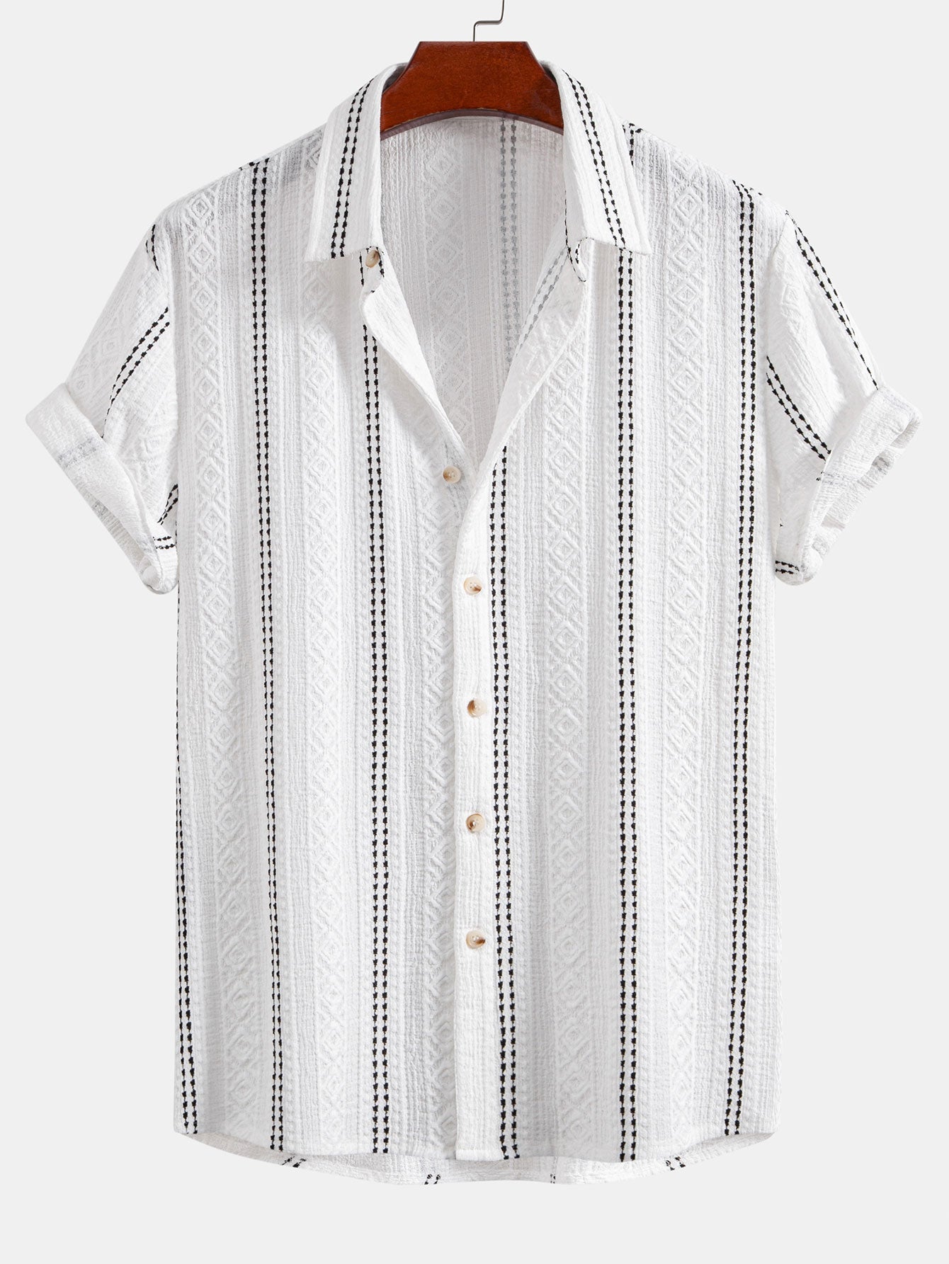 Geometrisch gestreepte jacquardknopshirt & linnen broek met rechte pijpen