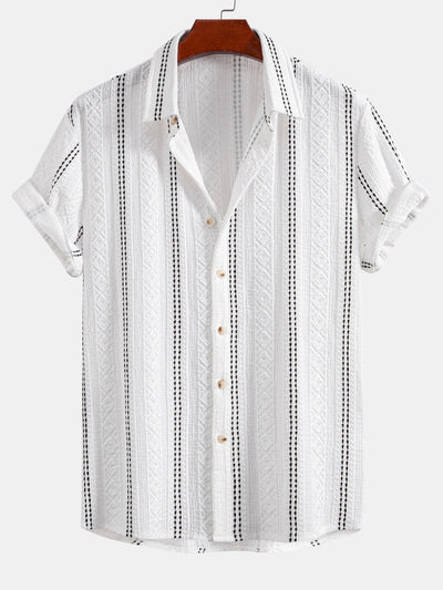 Geometrisch gestreepte jacquardknopshirt & linnen broek met rechte pijpen