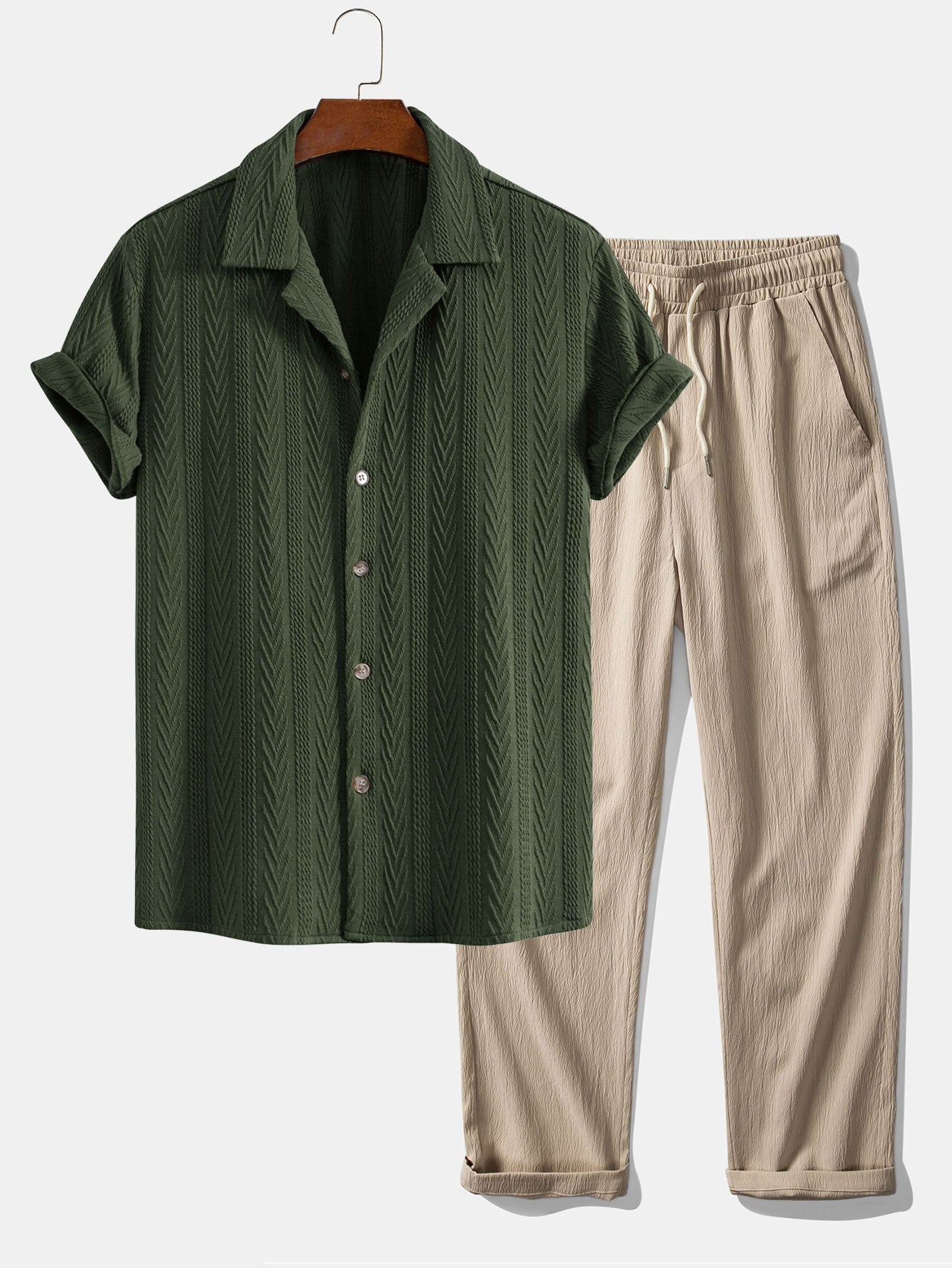 Cubaans Shirt in Textured Jacquard & Rechte Textured Anti-Kreukelpantalon
