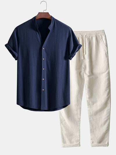 Linnen en viscose blouse met V-hals & Linnen broek met rechte pijpen