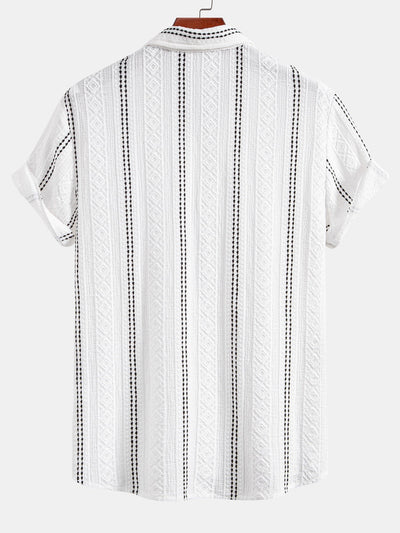 Geometrisch gestreepte jacquardknopshirt & linnen broek met rechte pijpen