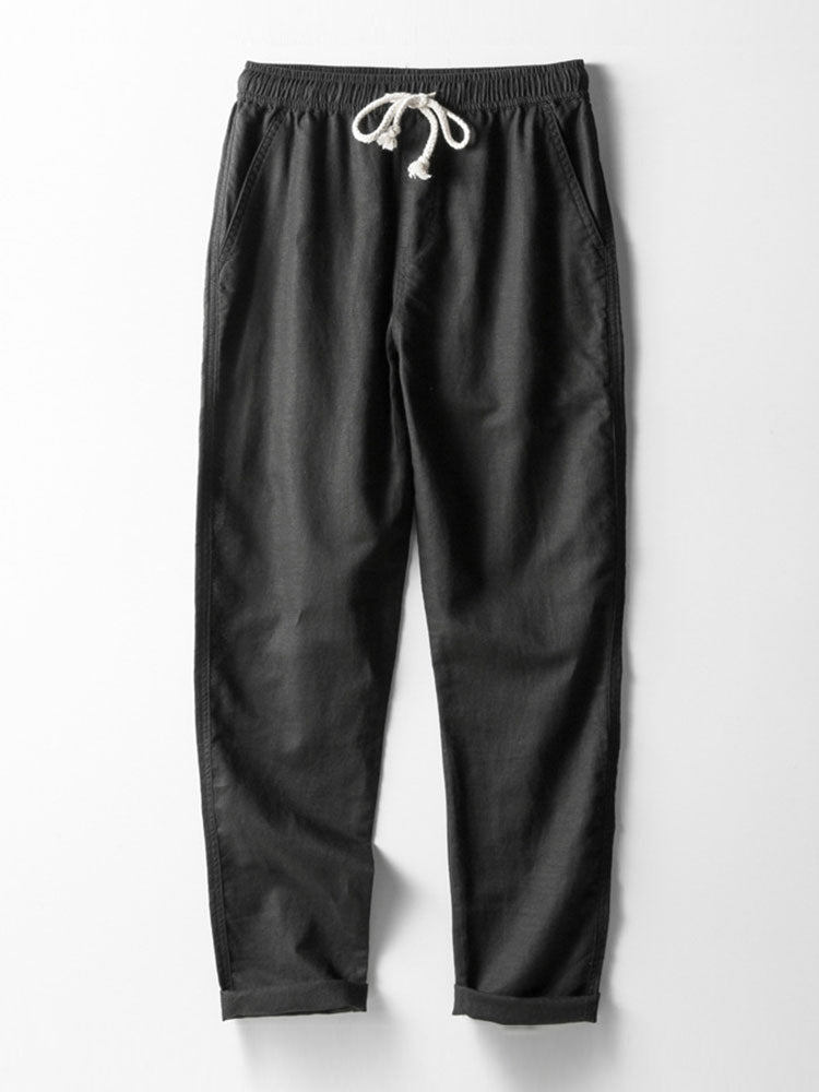 Geometrisch gestreepte jacquardknopshirt & linnen broek met rechte pijpen