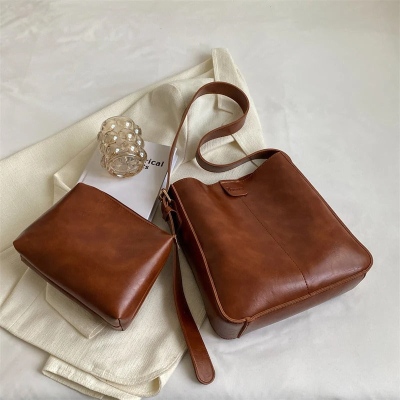 Lieke® | Handgemaakte leren tas set van tassen + clutch (Gratis)