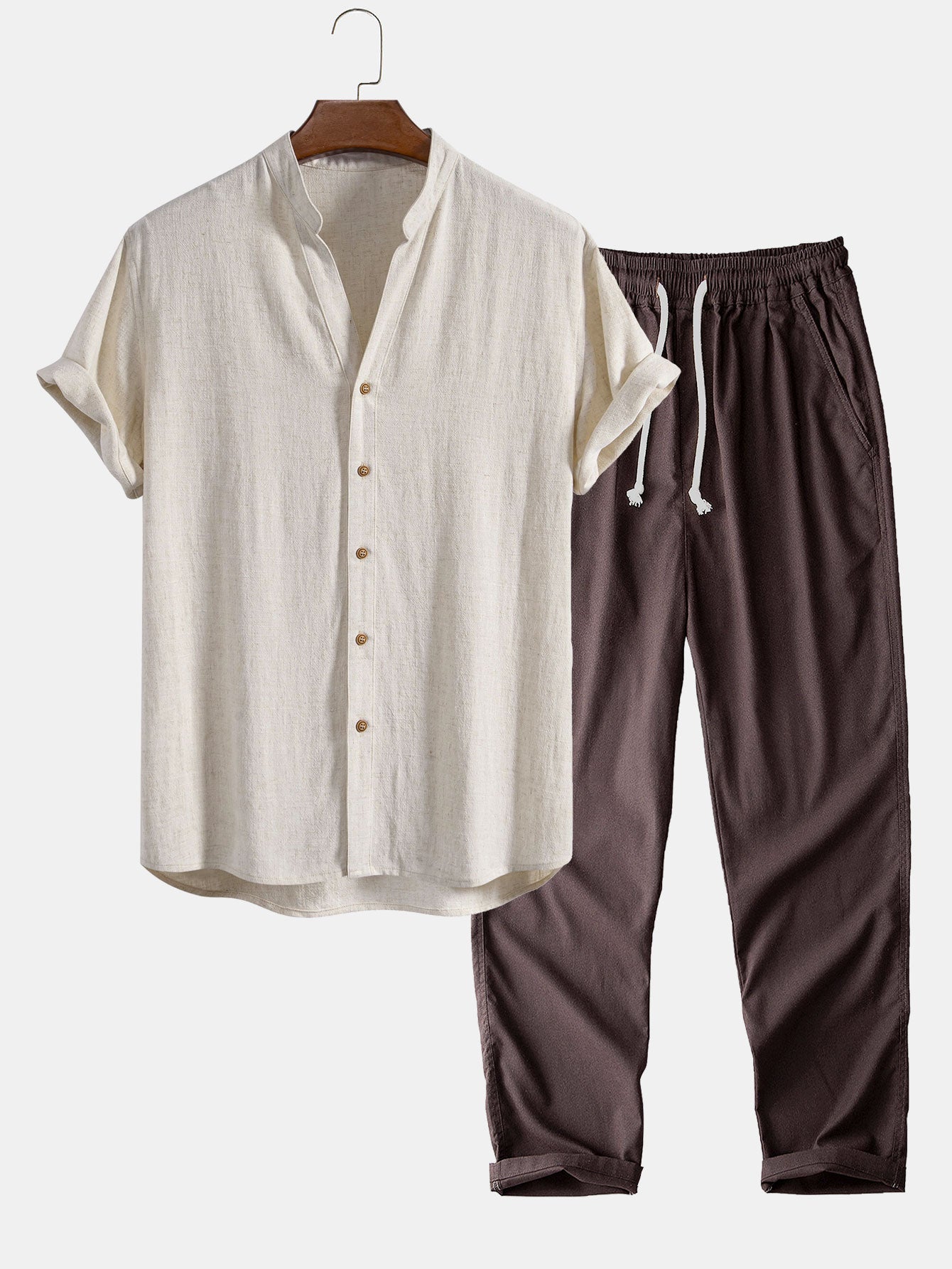 Linnen en viscose blouse met V-hals & Linnen broek met rechte pijpen