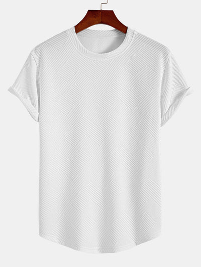 Gestreept jacquard T-shirt met korte mouwen en een gebogen zoom