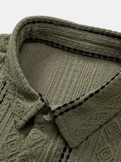 Geometrisch gestreepte jacquardknopshirt & linnen broek met rechte pijpen