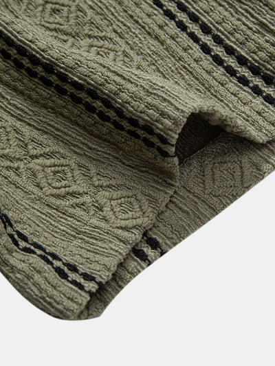 Geometrisch gestreepte jacquardknopshirt & linnen broek met rechte pijpen
