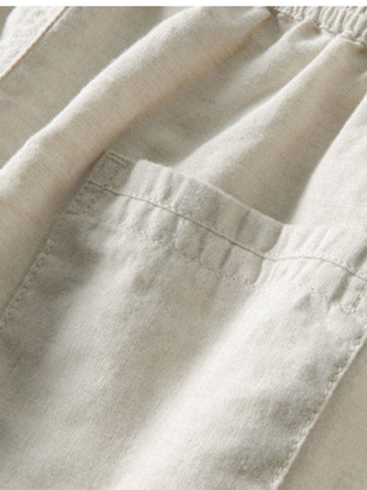 Geometrisch gestreepte jacquardknopshirt & linnen broek met rechte pijpen