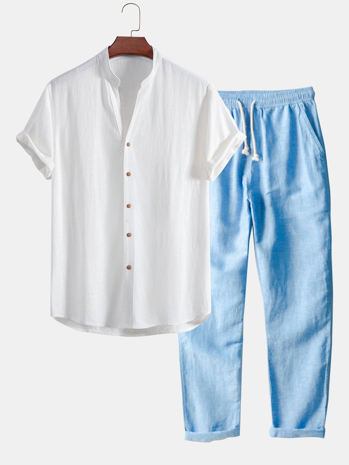 Linnen en viscose blouse met V-hals & Linnen broek met rechte pijpen