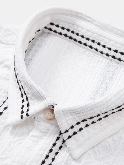 Geometrisch gestreepte jacquardknopshirt & linnen broek met rechte pijpen