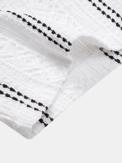 Geometrisch gestreepte jacquardknopshirt & linnen broek met rechte pijpen