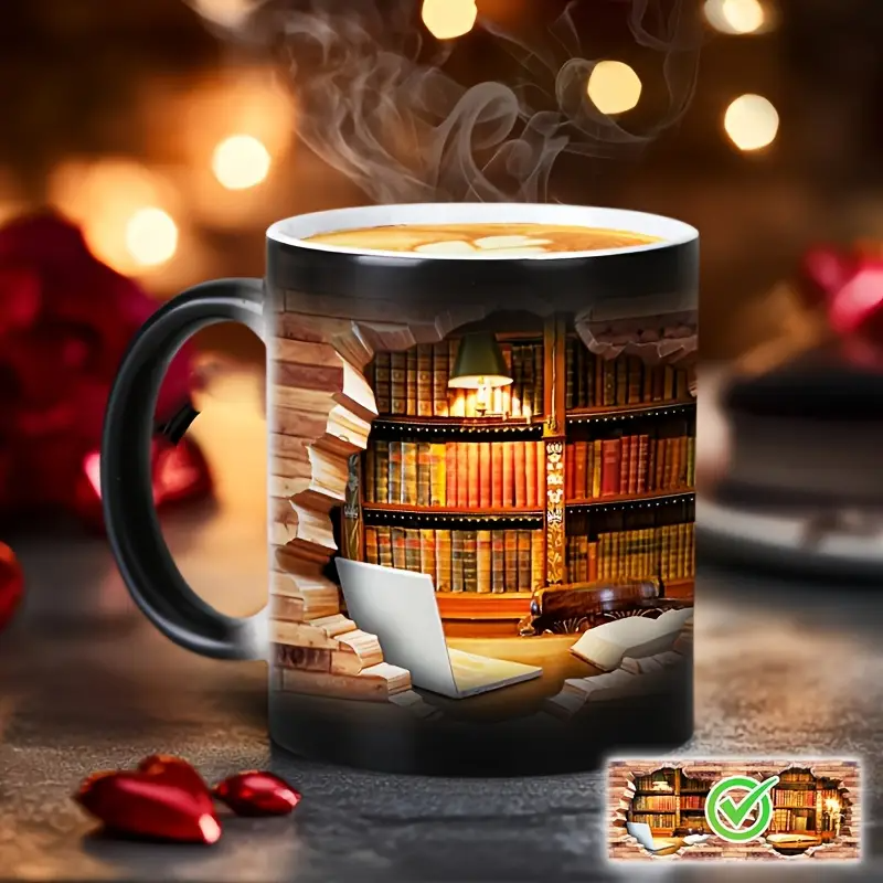 Faynora® | Gezellige Bibliotheek Ontsnapping Warmte-Onthulling Keramische Mok - Magieke Boekenplank Koffiemok