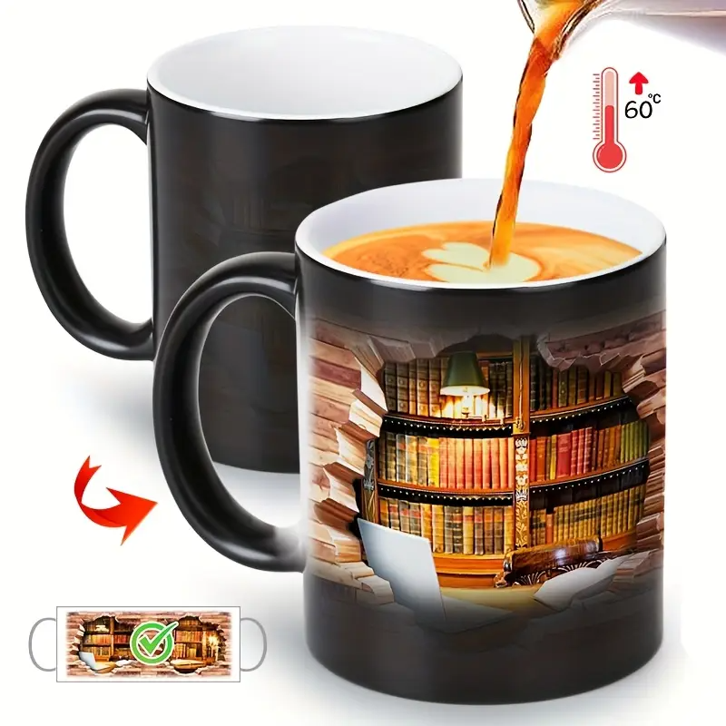 Faynora® | Gezellige Bibliotheek Ontsnapping Warmte-Onthulling Keramische Mok - Magieke Boekenplank Koffiemok