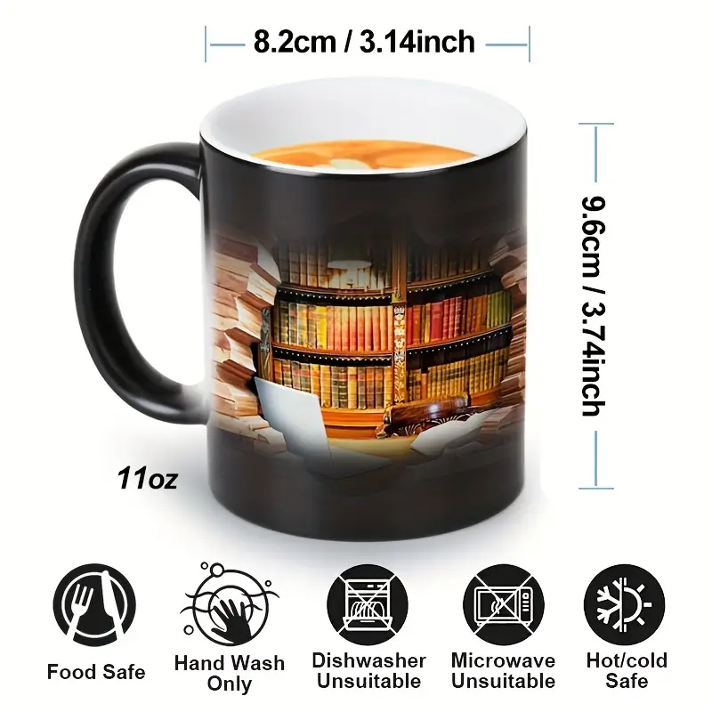 Faynora® | Gezellige Bibliotheek Ontsnapping Warmte-Onthulling Keramische Mok - Magieke Boekenplank Koffiemok