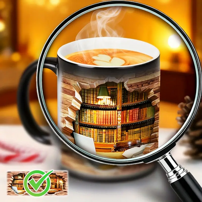 Faynora® | Gezellige Bibliotheek Ontsnapping Warmte-Onthulling Keramische Mok - Magieke Boekenplank Koffiemok