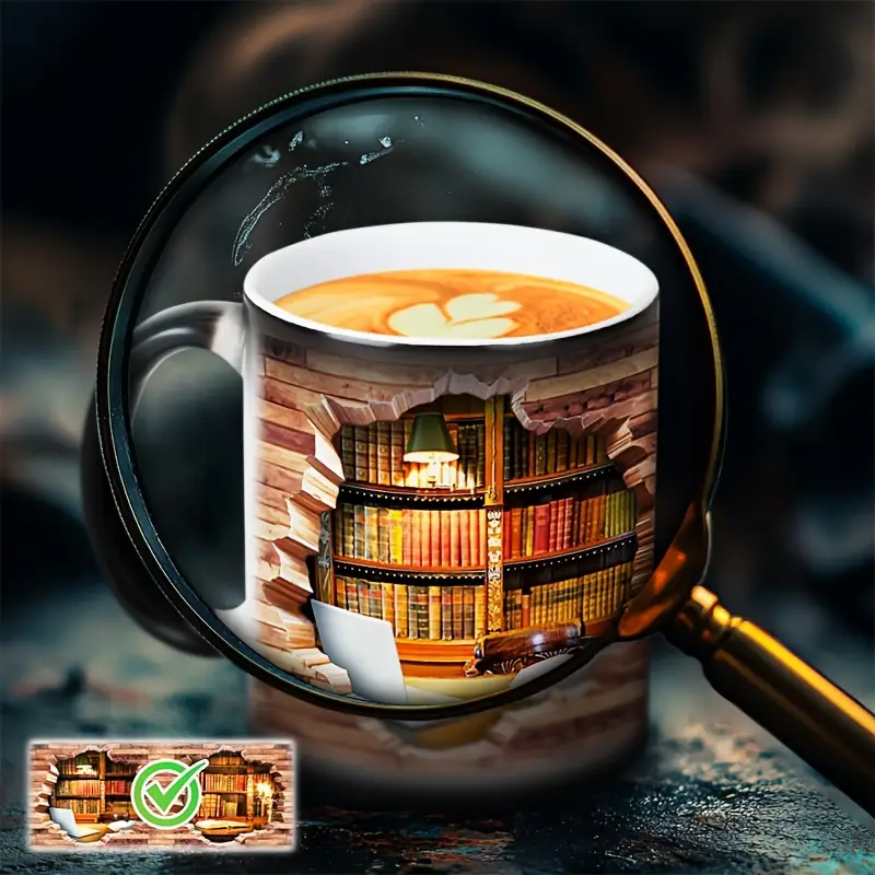 Faynora® | Gezellige Bibliotheek Ontsnapping Warmte-Onthulling Keramische Mok - Magieke Boekenplank Koffiemok