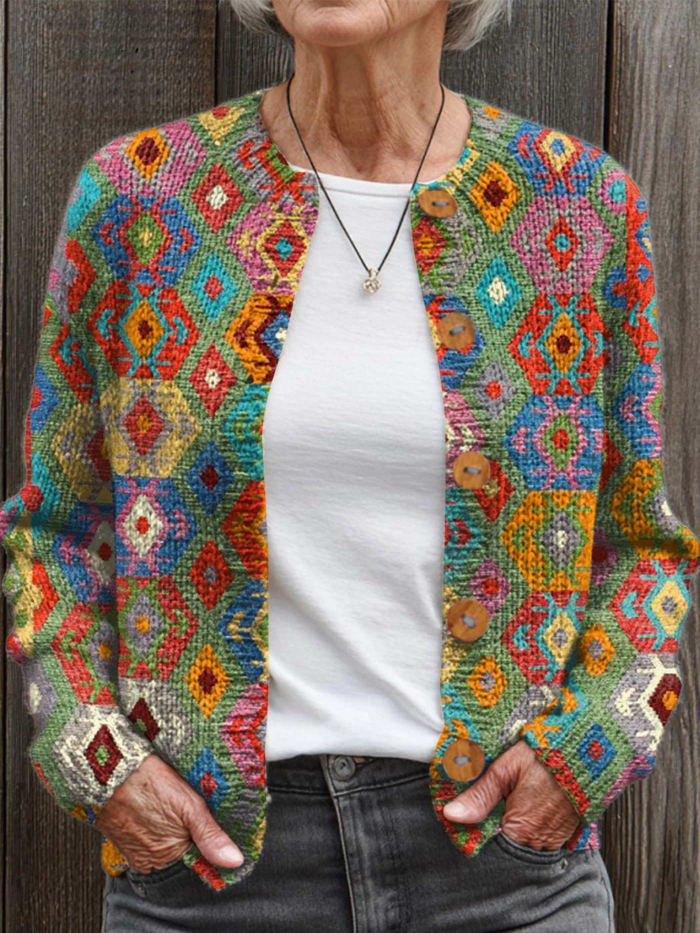 Xenia® | Vintage Abstracte Geometrie Kunst Druk Knop-Cardigan Pullover