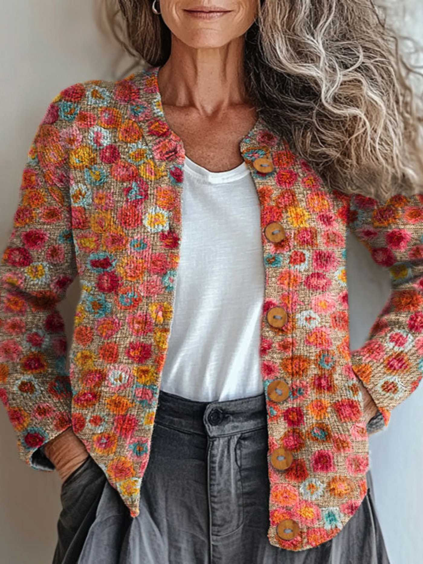 Yara® | Vintage Bloemen Kunst Druk Knopen Trui