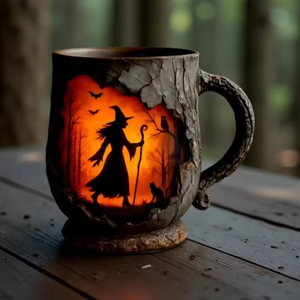 Ceralune® | Handgemaakte 3D Halloween Leuke Mok – Heks & Kat Ontwerp