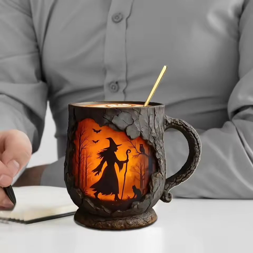 Ceralune® | Handgemaakte 3D Halloween Leuke Mok – Heks & Kat Ontwerp