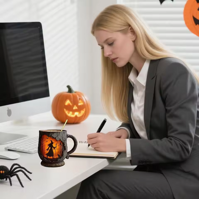Ceralune® | Handgemaakte 3D Halloween Leuke Mok – Heks & Kat Ontwerp