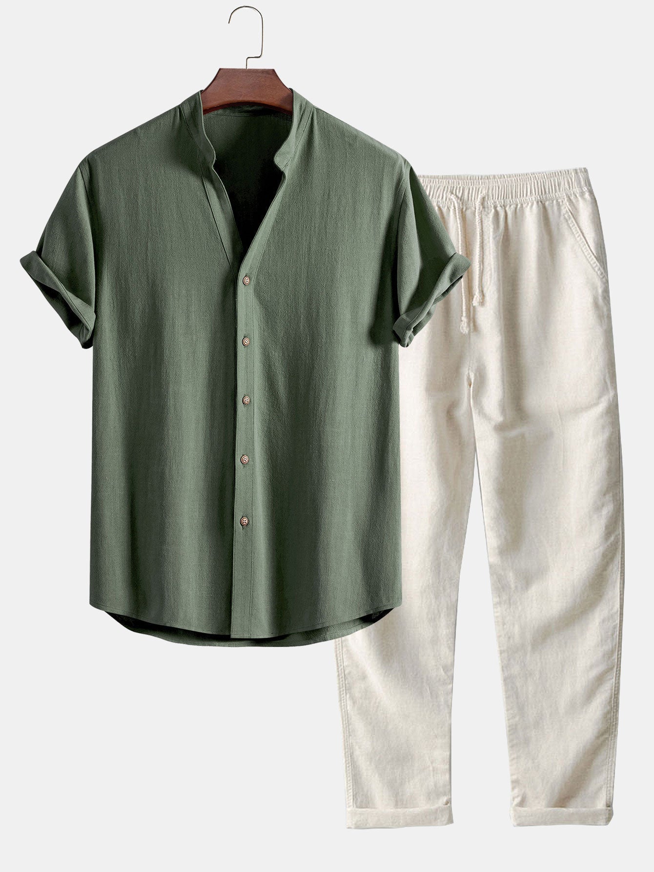 Linnen en viscose blouse met V-hals & Linnen broek met rechte pijpen