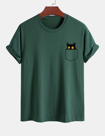 T-shirt van zwart katoen met print van een kat in reguliere pasvorm