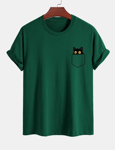 T-shirt van zwart katoen met print van een kat in reguliere pasvorm