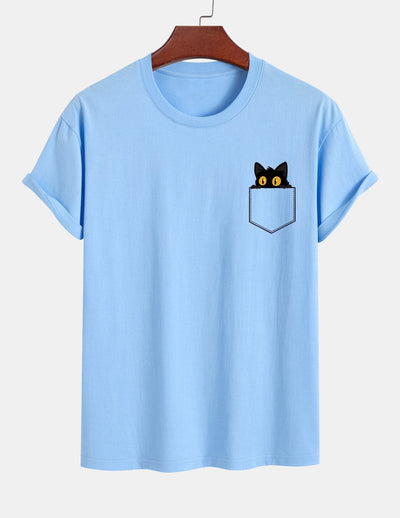 T-shirt van zwart katoen met print van een kat in reguliere pasvorm
