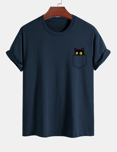 T-shirt van zwart katoen met print van een kat in reguliere pasvorm