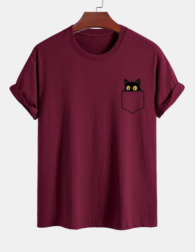 T-shirt van zwart katoen met print van een kat in reguliere pasvorm