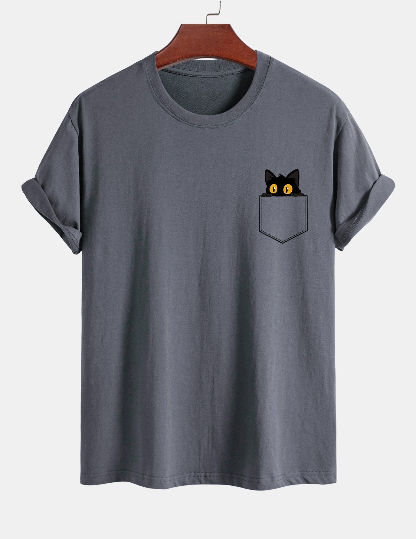 T-shirt van zwart katoen met print van een kat in reguliere pasvorm